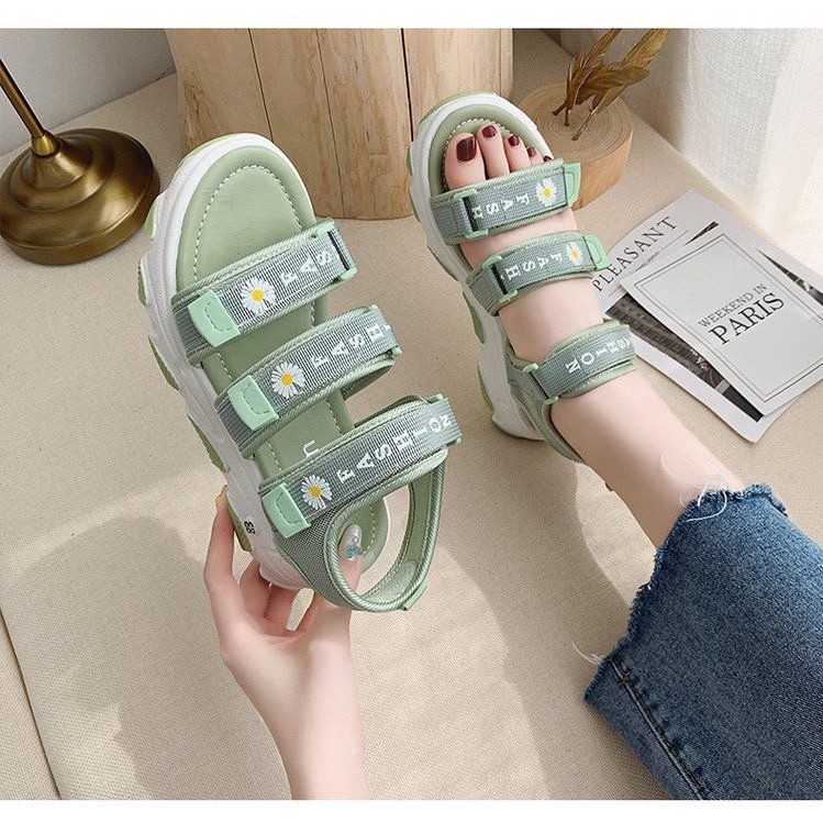 Dép xăng đan (sandal) nữ độn đế 3cm thời trang hàn quốc ulzzang cực hot 3 quai in hoa cúc dễ thương TH-22