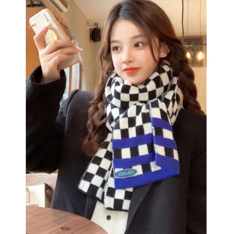 Khăn choàng dệt kim dáng dài họa tiết sọc caro phong cách Nhật Bản thời trang thu đông cho nữ
