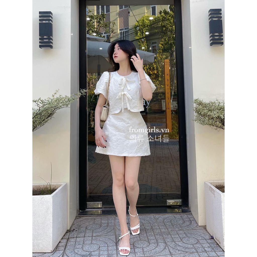 Set gấm áo croptop tay phồng buộc nơ và chân váy chữ A - SET27
