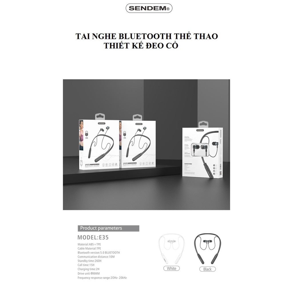 [CHÍNH HÃNG] Tai Nghe Bluetooth quàng cổ Sendem E35  Kiểu Dáng Thể Thao - Pin cực trâu 15 TIẾNG - Bảo hành 1 năm | BigBuy360 - bigbuy360.vn