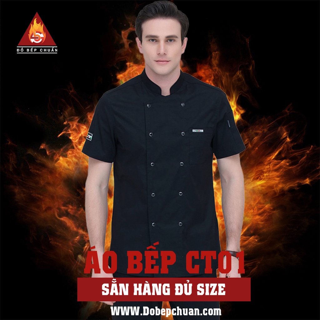 Áo  Bếp Ngắn Tay, Áo Đầu Bếp CT01 2 Màu Trắng Đen,  Đồng Phục Bếp Hai Hàng Cúc