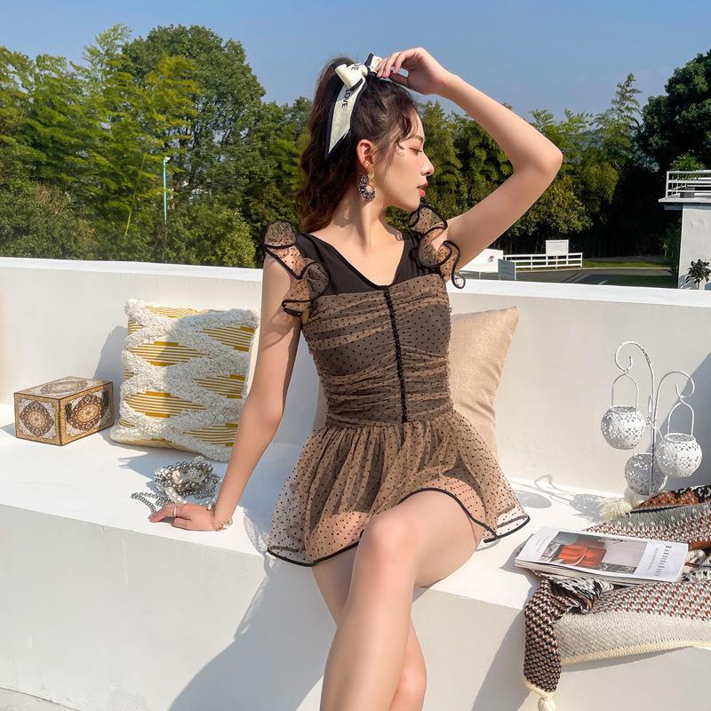 Bộ Đồ Bơi Một Mảnh Phối Ren Màu Đen Họa Tiết Chấm Bi Phong Cách Hàn Quốc Dành Cho Nữ