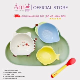 Bộ Bát Ăn Dặm Cho Bé Kiểu Nhật Khay Màu Xanh Ấm Gift Decor Cho Độ Tuổi Từ