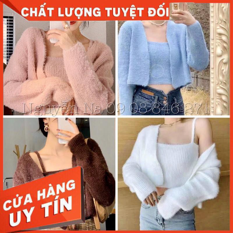 Set 2 áo len lông thỏ- khoác và áo dây chất mềm mướt- ảnh thật sp