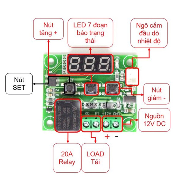 Mạch cảm biến kiểm soát nhiệt độ ấp trứng W1209 Relay 12VDC XH-W1209