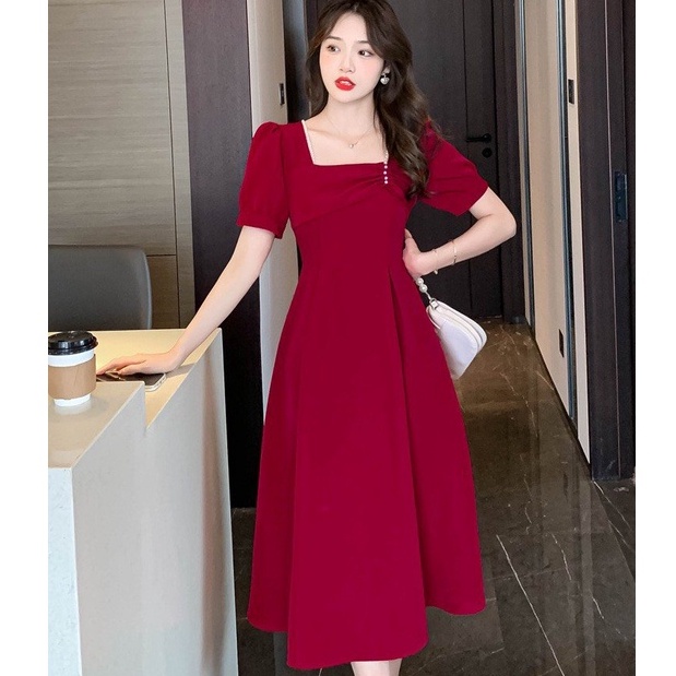 Đầm Váy Thiết Kế Đi Tiệc MAIHOUSE Nhún Ngực Cổ Vuông Tay Phồng Dáng Xoè Chất Cotton Màu Đen , Xanh , Đỏ - D2408