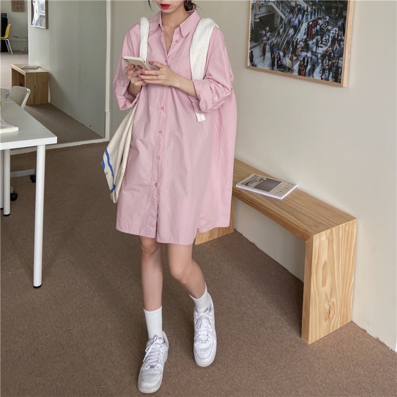 𝗺𝗶𝗲 𝘀𝘁𝘂𝗱𝗶𝗼 - SẴN Đầm sơ mi dáng rộng thiết kế đơn giản
