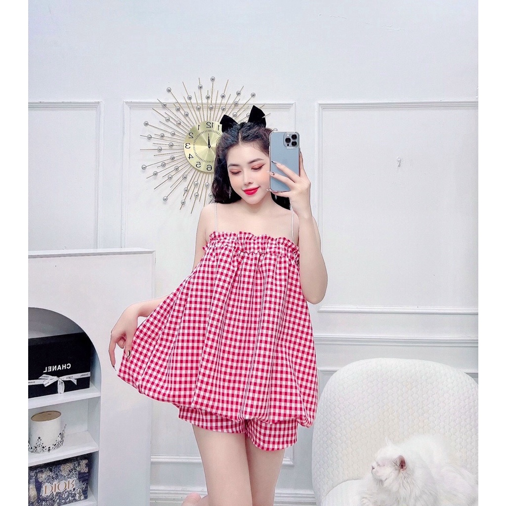 ( MIỄN PHÍ SHIP 2022) Set bộ ngủ nữ áo hai dây, set bộ bí caro nữ ngắn mặc ở nhà, đi chơi dễ thương