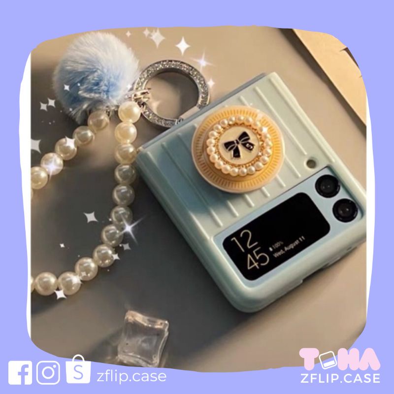 Ốp Samsung Z Flip 3 / ZFlip3 / Z Flip3 màu xanh popsocket nơ kèm ring và dây móc bông