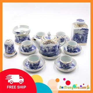 Bộ Ấm Chén Bát Tràng ⚡️𝐅𝐑𝐄𝐄 𝐒𝐇𝐈𝐏⚡️ men lam trúc lâm thất hiền Bọc Đồng - đầy đủ phụ kiện + TẶNG hộp logo Bát Tràng