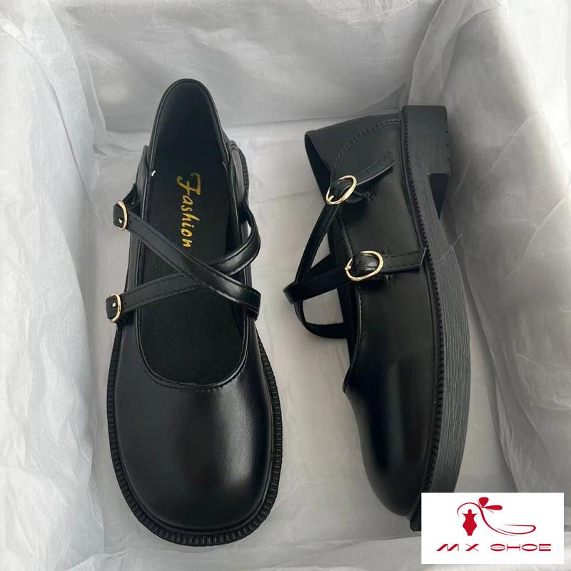 M & X ~  Giày Da Mũi Tròn Phong Cách Retro Pháp Cho Nữ