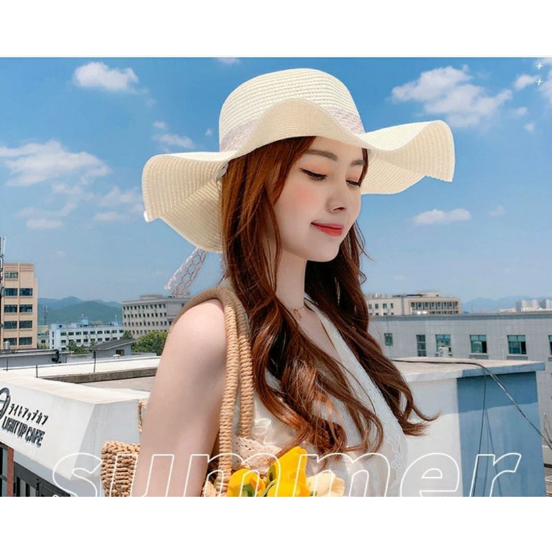 Nón mũ nữ thời trang Hàn Quốc đi biển vành lượn sóng phối dây ren Lh0917399527