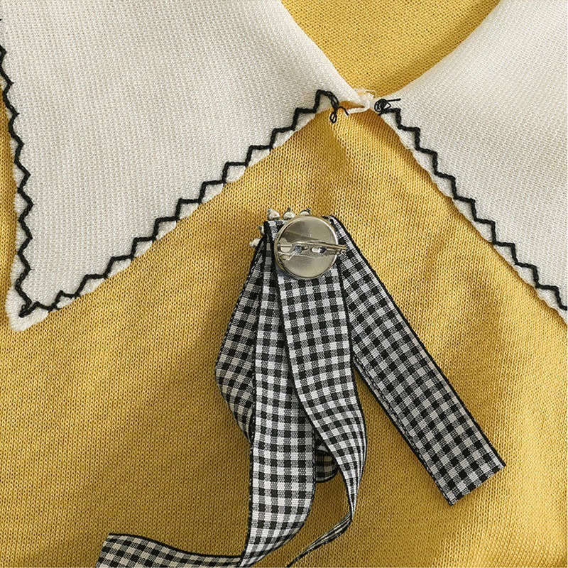 Áo thun polo ZHELIHANGFEI dệt kim tay ngắn thắt nơ đính hạt dễ thương