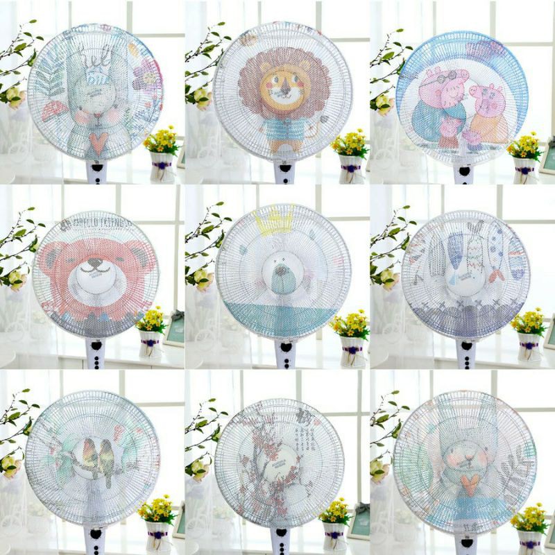 (Size đại 40_60cm) Lưới vải bọc quạt có dây rút an toàn cho bé, họa tiết dễ thương (màu ngẫu nhiên)