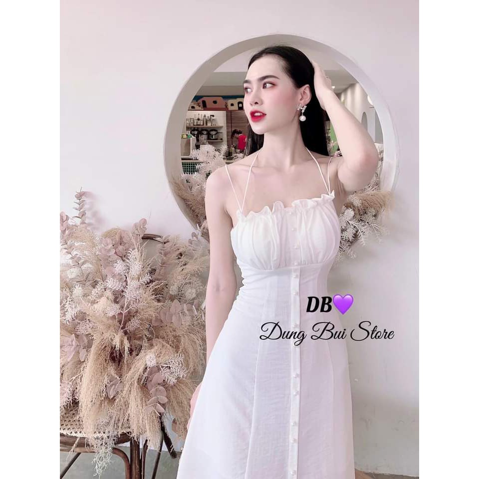 ĐẦM 2 DÂY - VÁY XANH HỒNG XÒE – THIẾT KẾ ÔM – GD0101