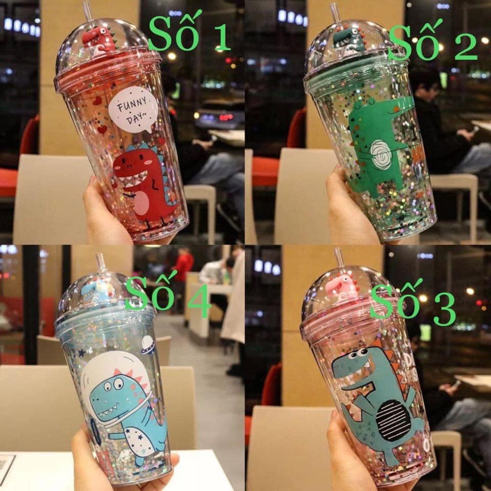 Ly Giữ Nhiệt 2 Lớp Khủng Long Kim Tuyến 500ml Có Ống Hút Hot Trending 2022