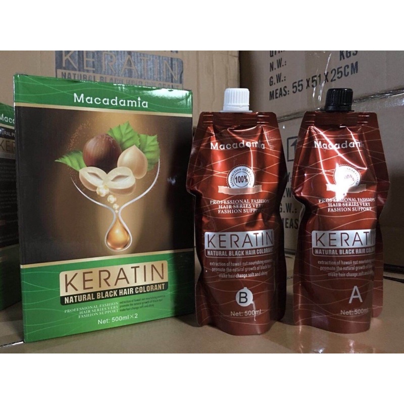 Thuốc Nhuộm Tóc Đen Phủ Bạc Keratin Macadamia, Không Dính Da Đầu, Không Phai Đỏ