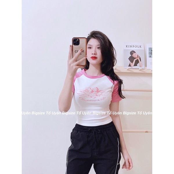 (T.U Bigsize 50-80kg) Áo Croptop Phối Tay In Hình Babe Chubby | BigBuy360 - bigbuy360.vn