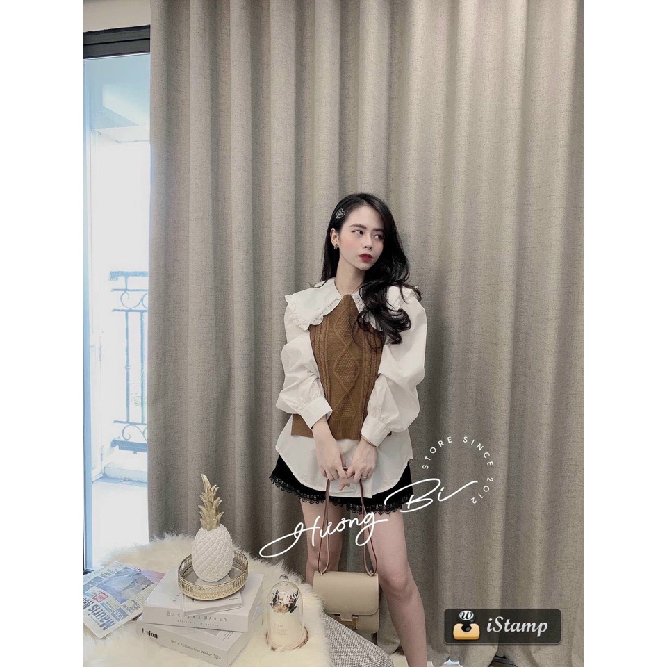 Áo sơ mi bèo 1 lá cổ khuy ngang 2 bên tay bo