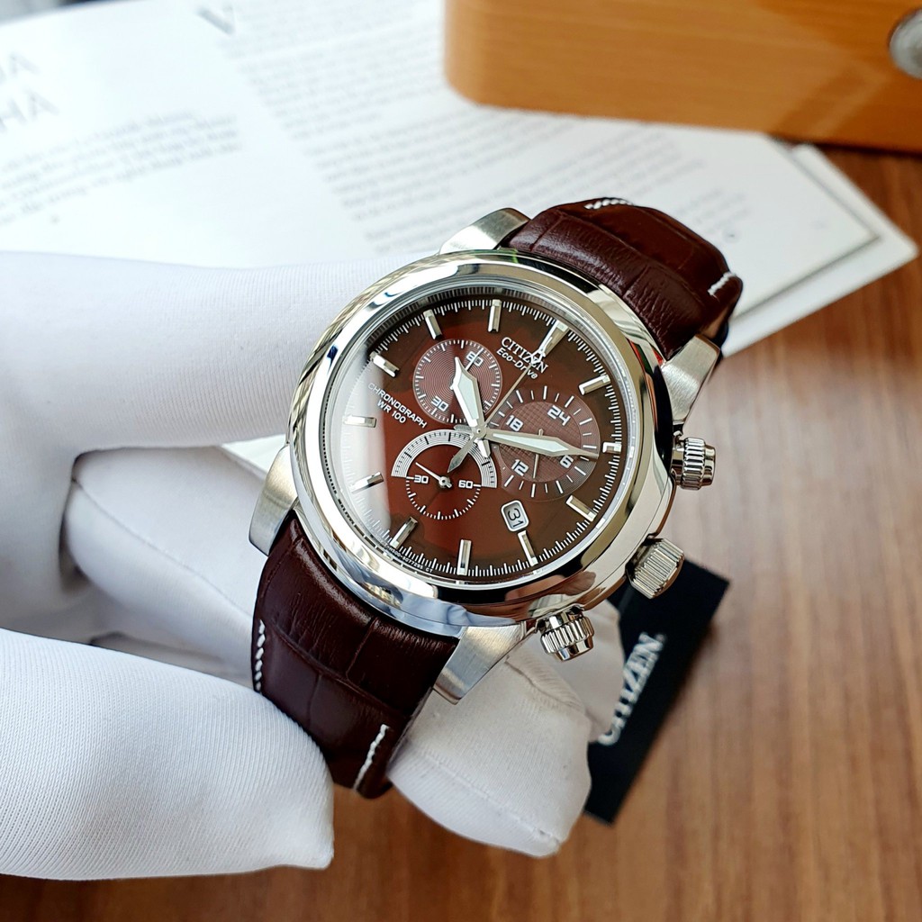 Đồng hồ nam chính hãng Citizen CHRONOGRAPH WATCH AT0550-11X - Kính cứng - Máy Quartz Eco-Drive  - Dây da