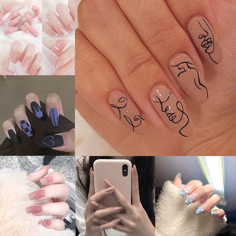 【 móng tay giả 】 24pcs/box nude color french fake nails with a pattern oval head full cover artificial nails with glue / Móng tay giả 24 món kèm keo / móng tay giả kèm keo / móng tay giả đính đá