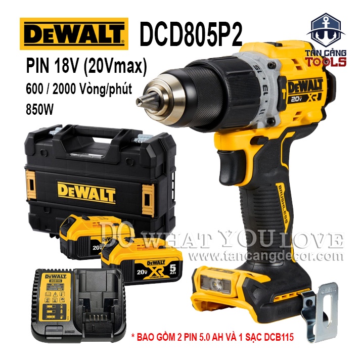 Combo Máy Khoan Động Lực Dùng Pin DeWalt 20V DCD805P2 ( Thân Máy, Thùng Nhựa, 1 Sạc, 2 Pin 5.0 Ah )