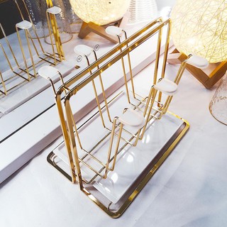 Khay úp cốc ly kim loại inox 304 mạ vàng có khay hứng nước treo được 6 ly