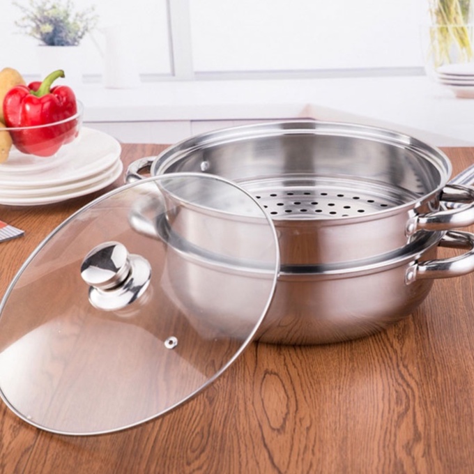 [Nồi Hấp 2 Tầng Đa Năng] Nồi Hấp Xửng 2 Tầng Inox Mặt Kính Cao Cấp 28cm