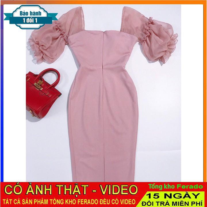 [ xả kho ] MiD Váy body hồng tay bồng V1152 kèm ảnh thật