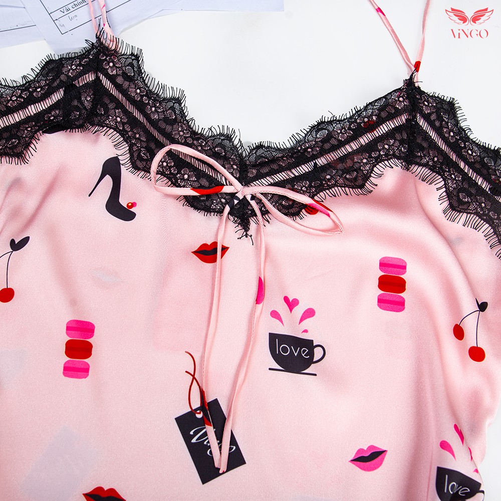 Váy ngủ lụa họa tiết phối ren ngực dịu dàng gợi cảm N267 Vingo VNGO | BigBuy360 - bigbuy360.vn