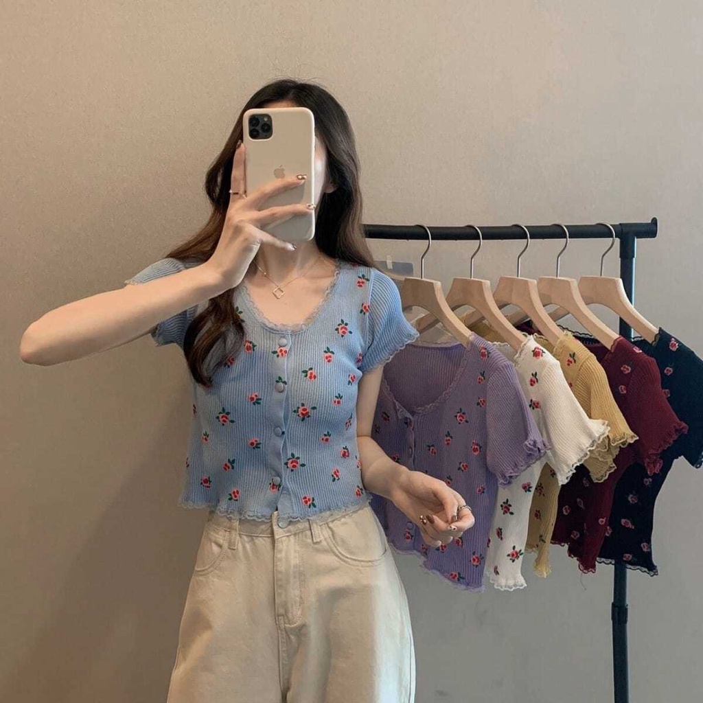 Áo thun cardigan Áo NgắN Tay PhốI Ren Hoa 2022 ThờI Trang Cho Nữ JL-TX-244