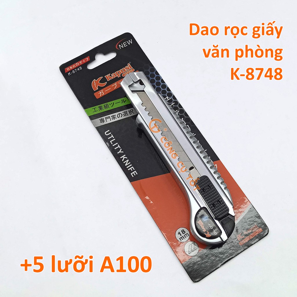 Dao rọc tiện ích kèm 5 lưỡi trắng bản rộng 18mm Kapusi K-8748