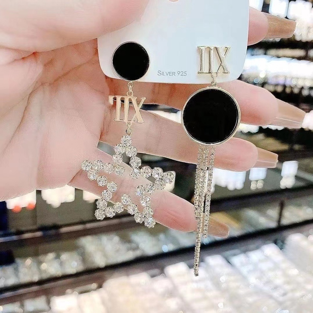 ❤zheting❤ Tai Ngôi Sao Năm Cánh Bất Đối Xứng Màu Đen Phong Cách Hàn Quốc Khí Chất niche
