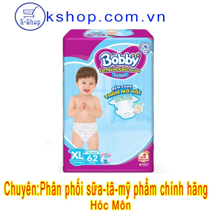 Tã dán Bobby size XL - 62 miếng (Cho bé 12 - 17kg)-MẪU MỚI ĐỆM THUN THÂM MỒ HÔI