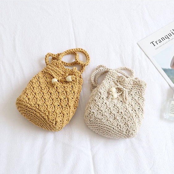 Túi Macrame đeo chéo - dây rút hột gỗ trắng - đan họa tiết vảy cá