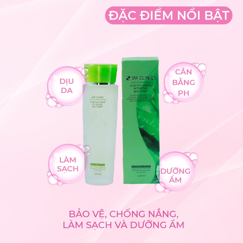 Nước hoa hồng se khít lỗ chân lông 3W Clinic Hàn Quốc  tinh chất Lô Hội dưỡng trắng da cấp nước 150ml