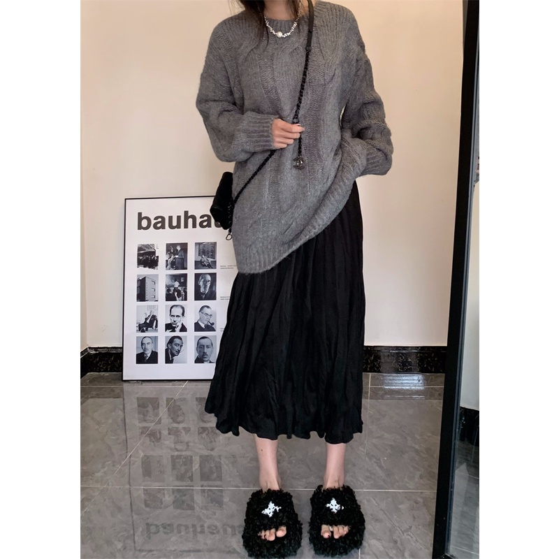 Chân Váy Dài Dáng Rộng Lưng Cao Xếp Ly Màu Trơn Thời Trang Hàn Quốc Xinh Xắn Cho Nữ