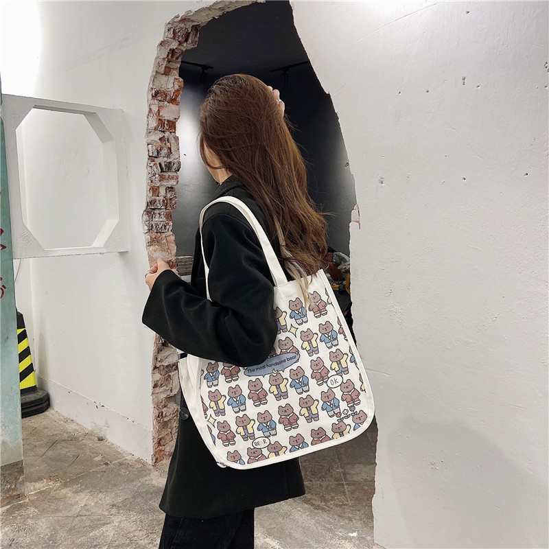 ẢNH TỰ CHỤP Túi tote túi vải canvas 2 quai đeo chéo hình gấu