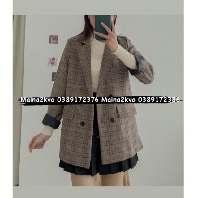 Áo blazer form rộng nâu-trắng