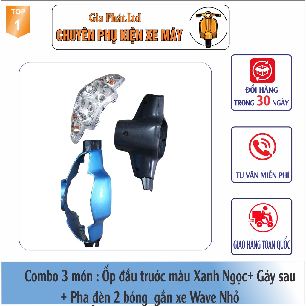 Combo ốp đầu trước XANH NGỌC gắn xe Wave Thái, ZX, Wave 110 đời 1997-2006 đủ ốp đầu, gáy, pha đèn, xi nhan