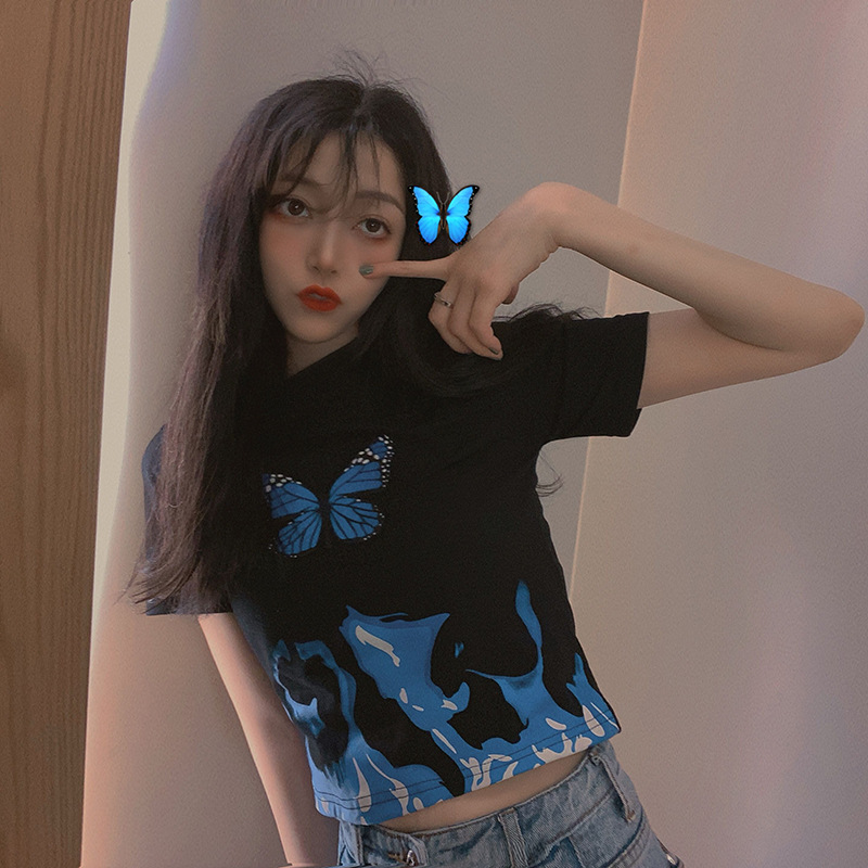 BUTTERFLY Áo Croptop Tay Ngắn Hoạ Tiết Bướm Phong Cách Vintage