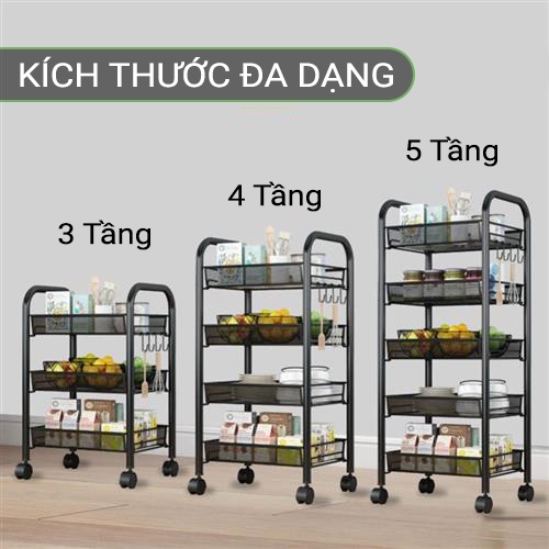 Giá Kệ Để Hoa Quả Đồ Nhà Bếp Đa Năng VANDO 3 4 Tầng Có Bánh Xe Xoay Thép Carbon