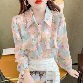 Áo sơ mi voan cổ bẻ viền lá sen dài tay thiết kế phong cách niche phối chuỗi ngọc trai cho nữ