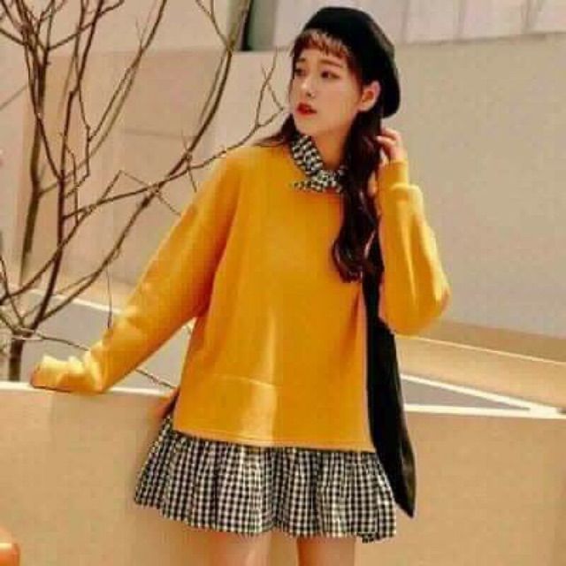 Đầm Váy Nữ Phối Caro Kèm Khăn Tuban Ulzzang Hàn Quốc