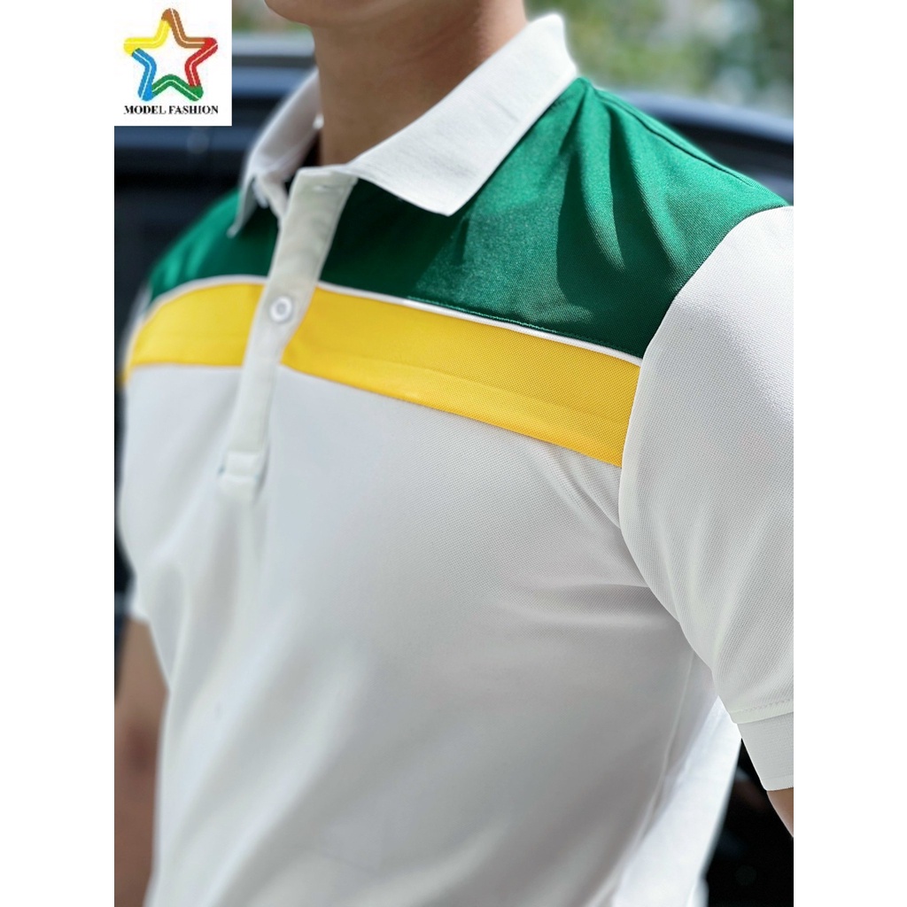 Áo thun polo nam nữ tay ngắn trắng phối sọc xanh vàng Hàn Quốc Model Fashion