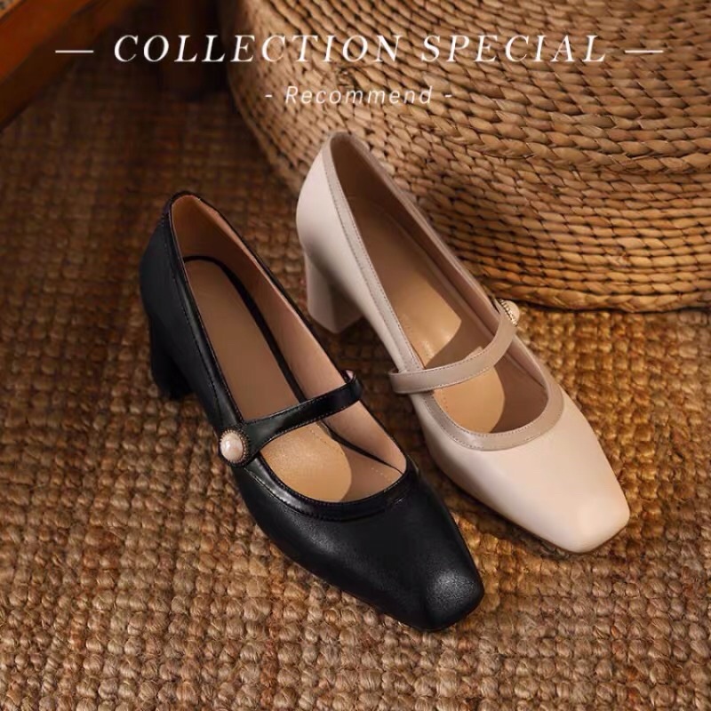 Giày Mary Jane Loafer cao gót công sở quai ngang, giày mũi vuông đính ngọc