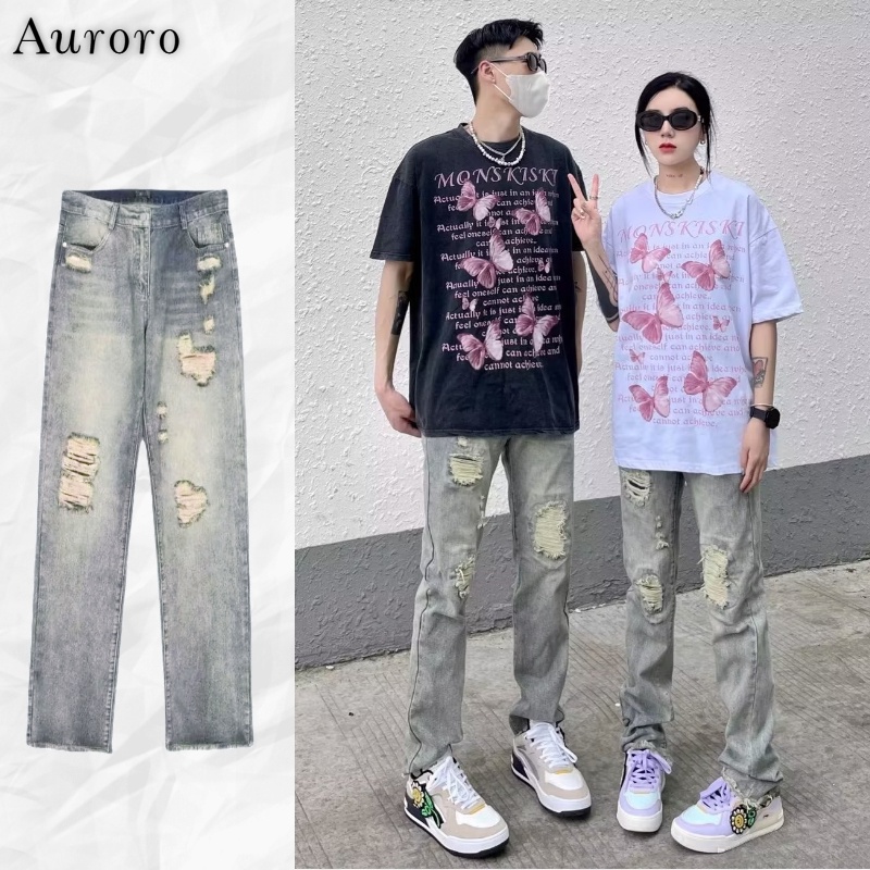 Quần jean rách gối unisex đồ đôi Quần jean ôm thời trang quần bò rách gối hiphop retro quần jean nam cao cấp simple quần jean bé gái