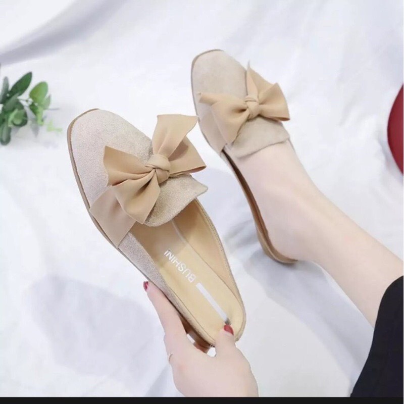 Giày sục nữ đế bệt chất da lộn thắt nơ tiểu thư cực xinh