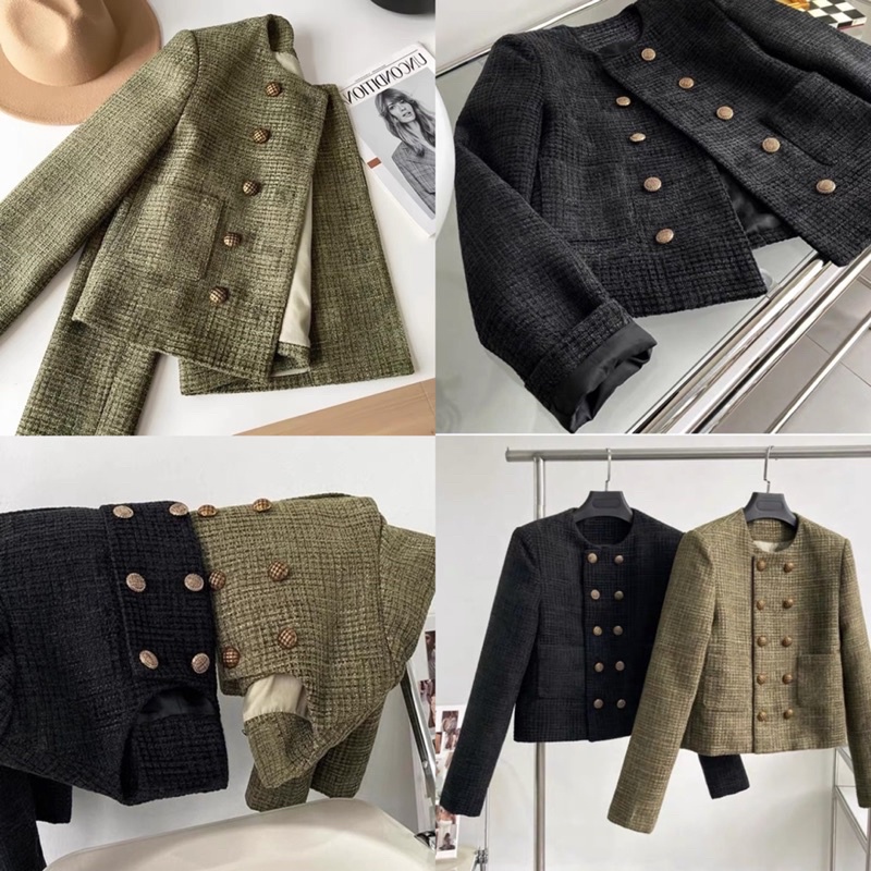 [Ảnh thật/Video]Áo khoác dạ cúc đồng RÊU/Đen sang chảnh Áo khoác dạ tweed Hàn Quốc