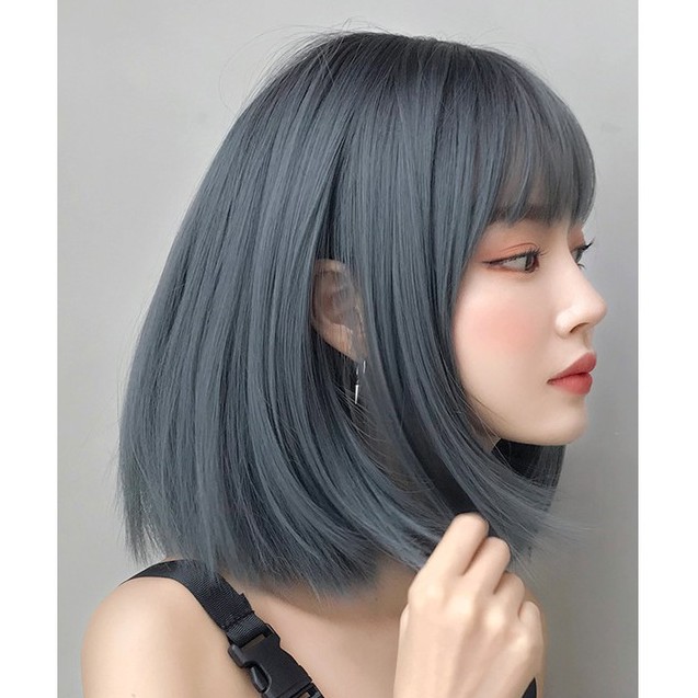 Tóc giả nguyên đầu CAO CẤP, tóc vic ngắn xanh khói xu hướng 2021 Qiqishop – tặng lưới tóc